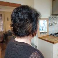 Short dark layered cut from the side